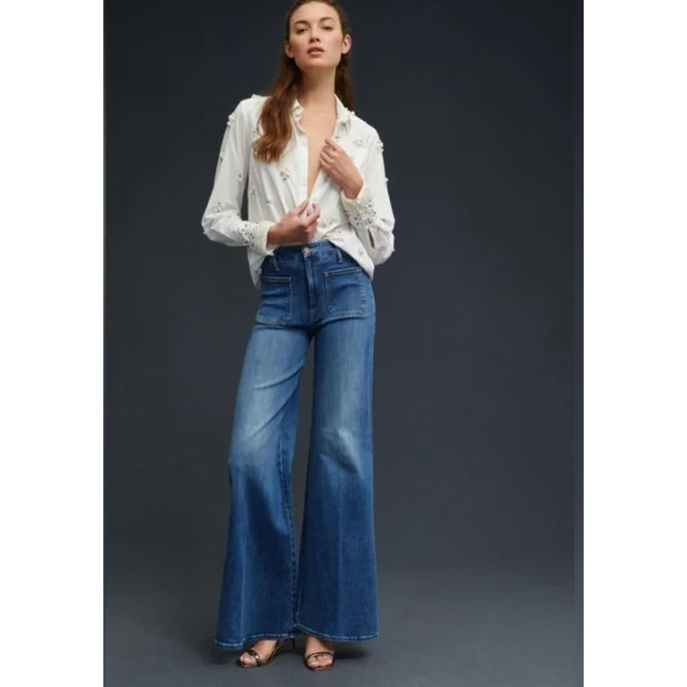 MOTHER Wide Leg Flare Jeans in Medium Blue Denim